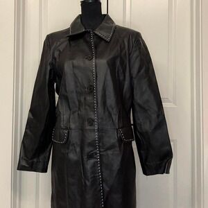 Vintage Bagatelle 100% Leather Long Coat with White Stitching — Size L